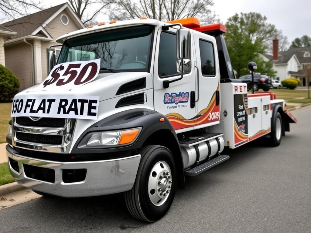 $50 Towing Service truck in Fayetteville Arkansas with clear price signage