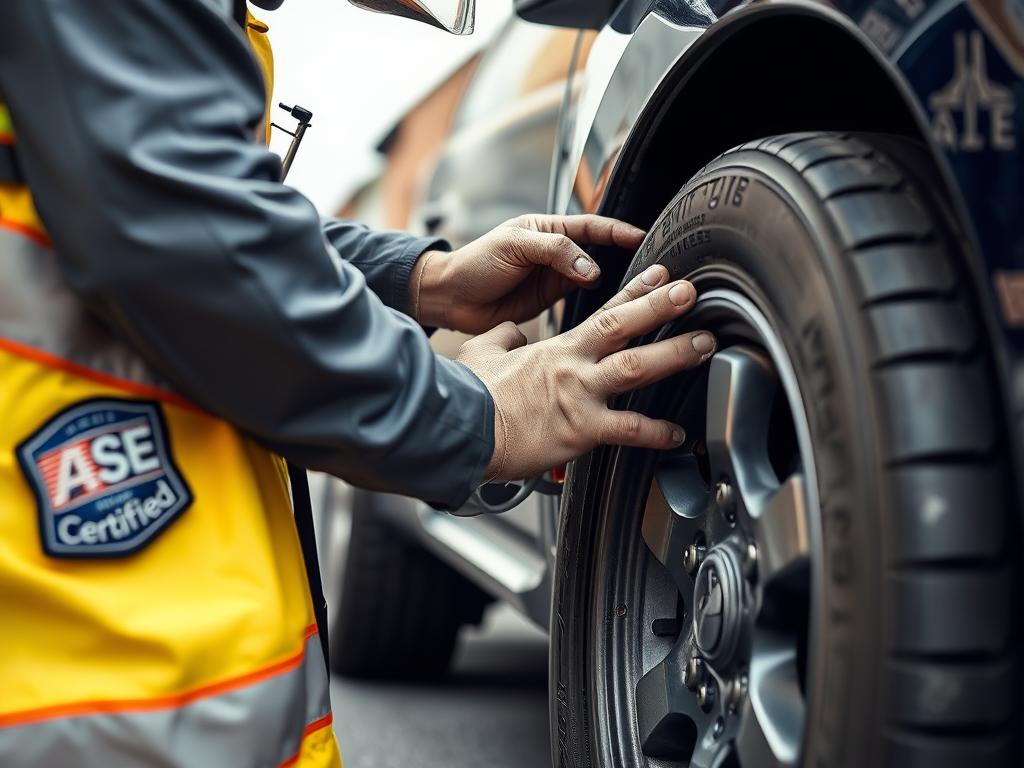 Certified technician performing tire change service in New Orleans with safety equipment