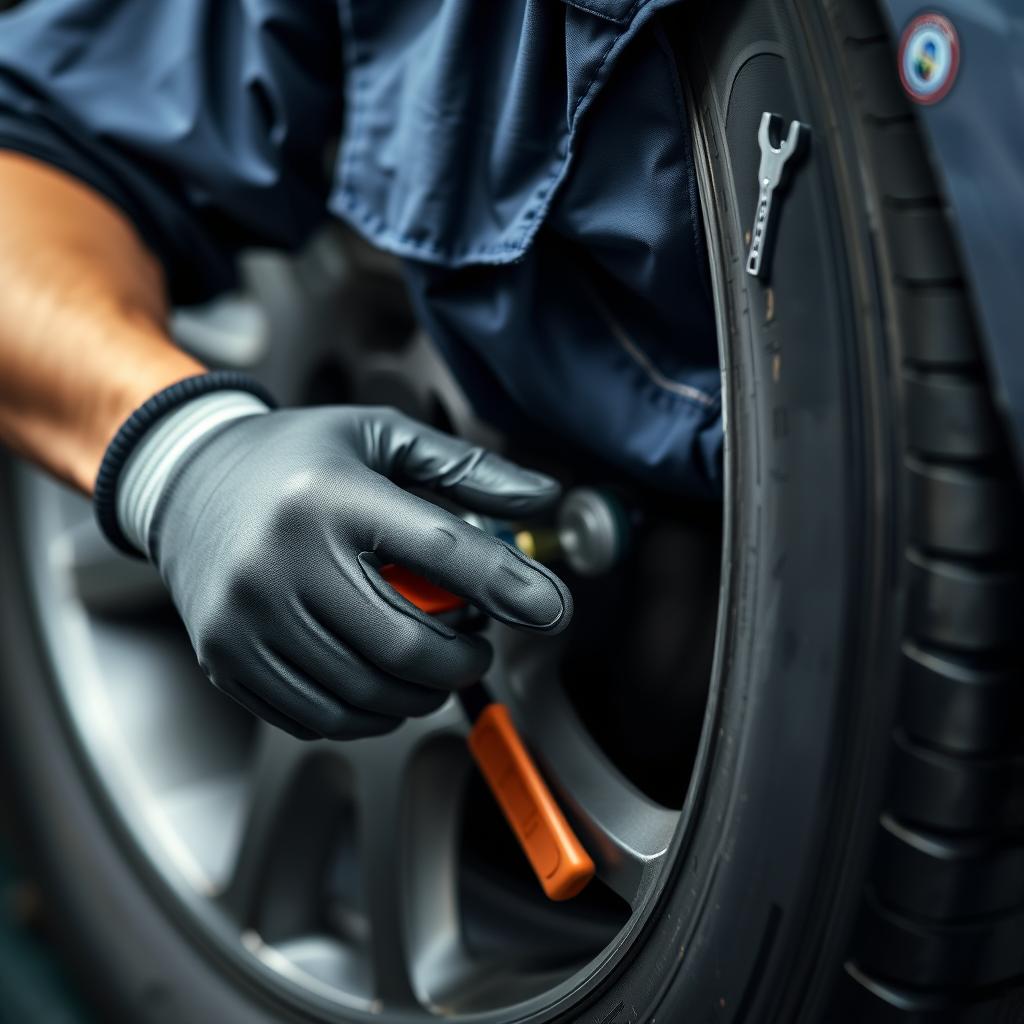Certified tire change technician in Newark performing service