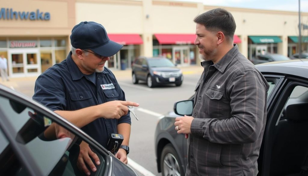 Customer receiving auto lockout services in Mishawaka Indiana with technician explaining the process