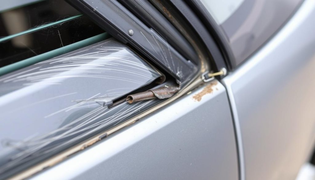 Damaged car door from DIY auto lockout attempt in Bismarck North Dakota