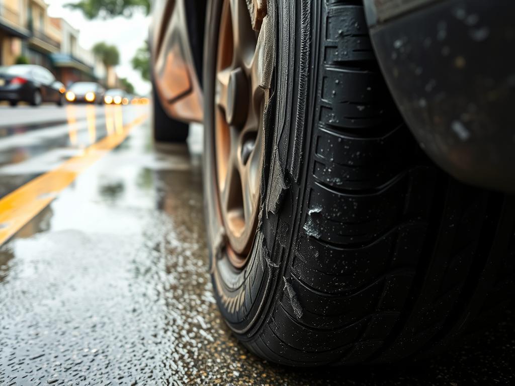 Damaged tire on New Orleans road showing why tire change service is essential