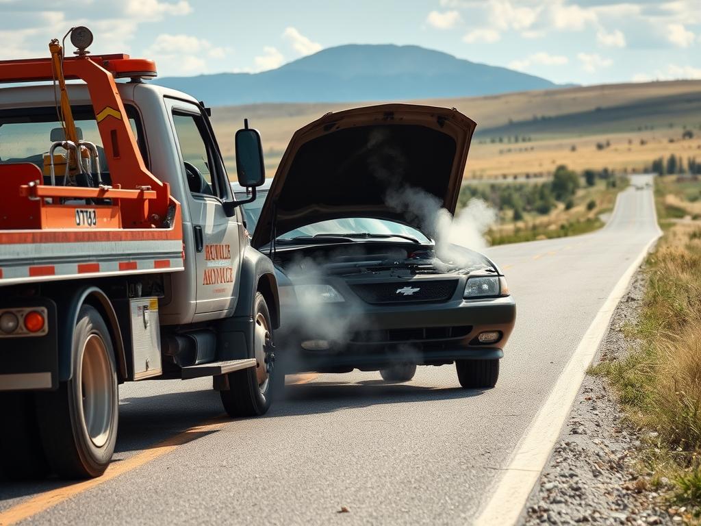 Emergency tow truck helping with engine overheating in Bozeman summer