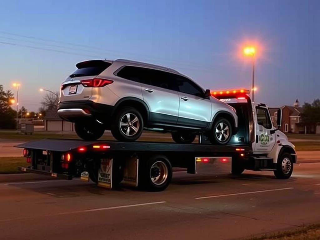 Flatbed tow truck providing $50 towing service for an SUV in Sherman, Texas
