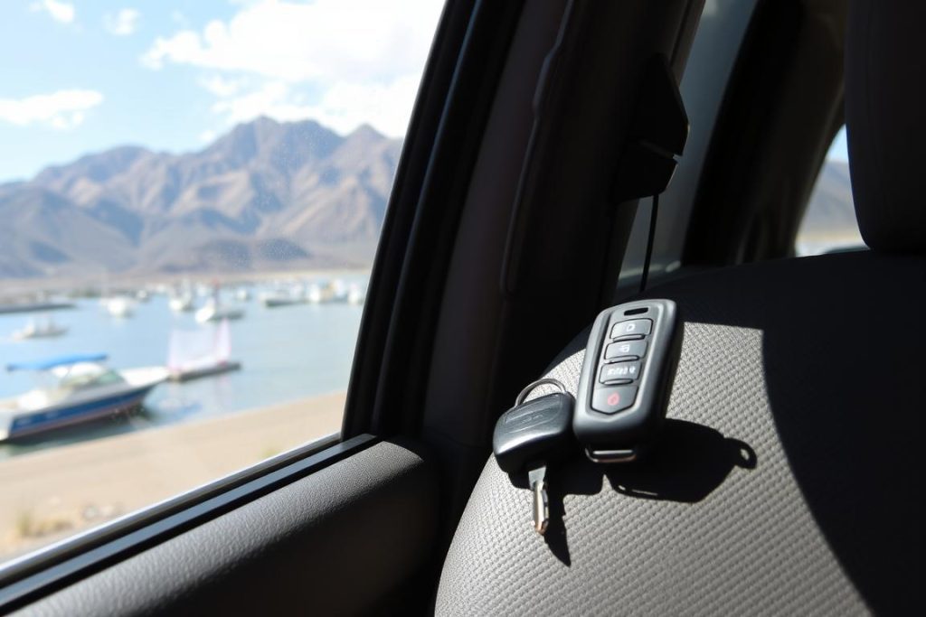 Keys locked inside a car with Lake Havasu scenery visible through the window