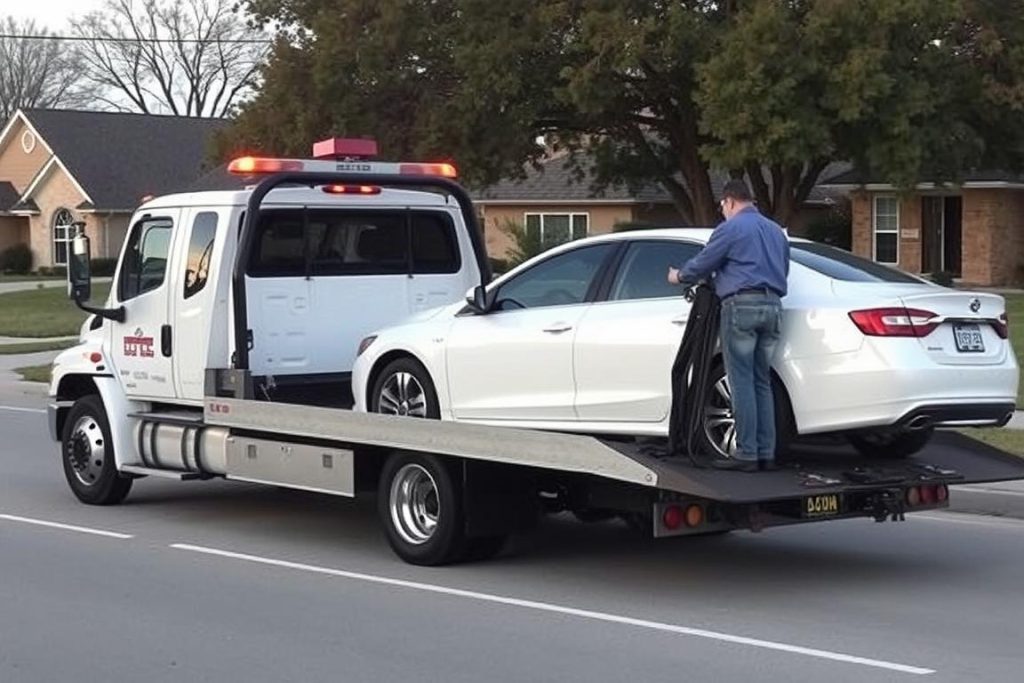 Light-duty tow truck providing $50 towing service to a sedan in Sherman