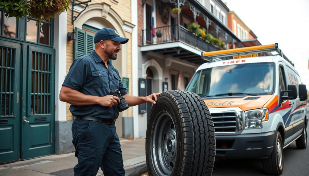 Local New Orleans tire change service technician helping a customer