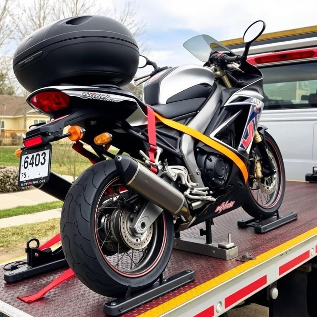 Motorcycle being secured for $50 towing service in Littleton