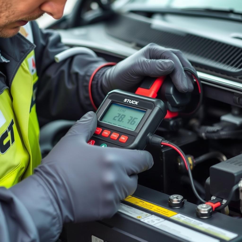 Professional technician performing battery check in San Jose