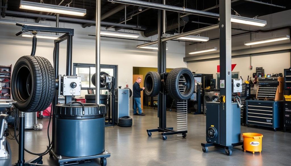 Professional tire change service equipment in Iowa City garage