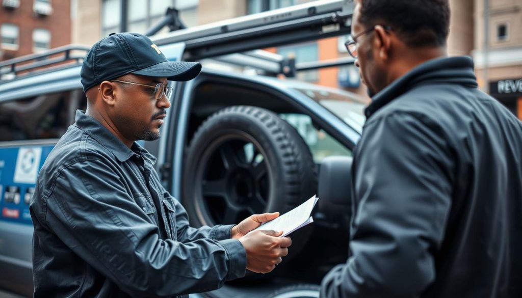 Professional tire change service technician helping customer in Newark NJ