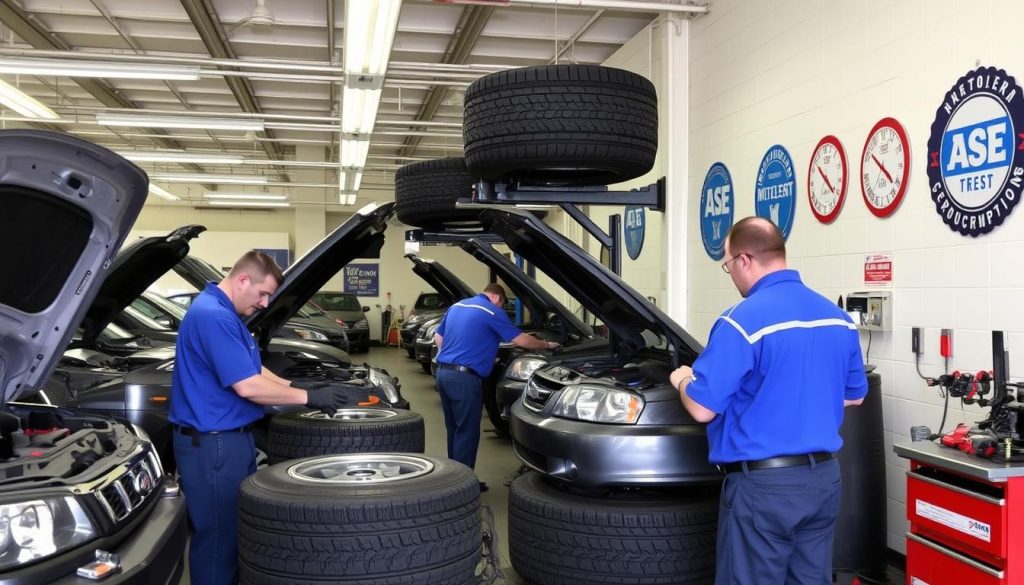 Professional tire technicians working in a Wilmington Delaware shop