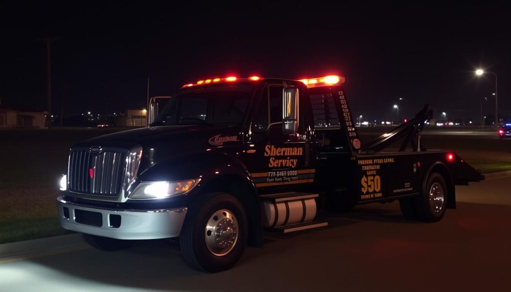 Professional tow truck providing $50 towing service in Sherman at night