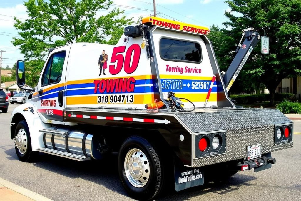 Properly marked tow truck providing $50 Towing Service Raleigh NC