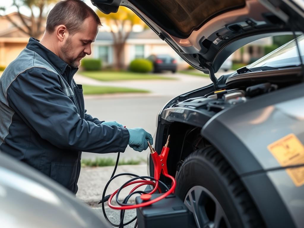 Roadside assistance technician providing jump start service in Dallas