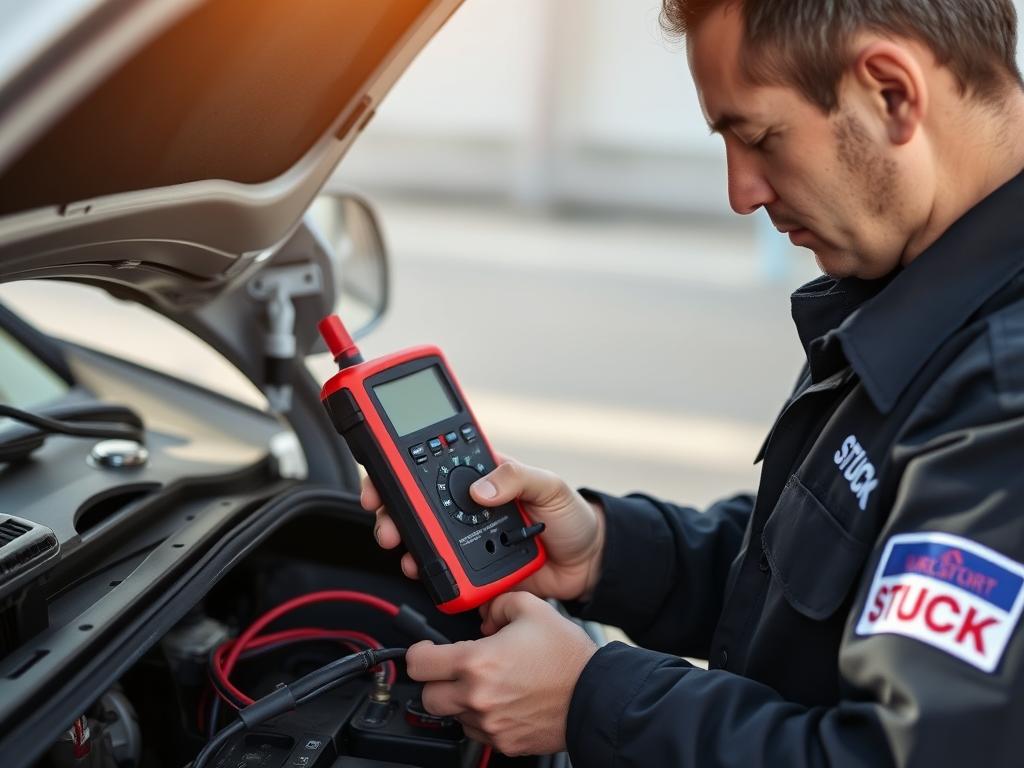 STUCK technician checking battery during jump start service in Chesterfield Missouri