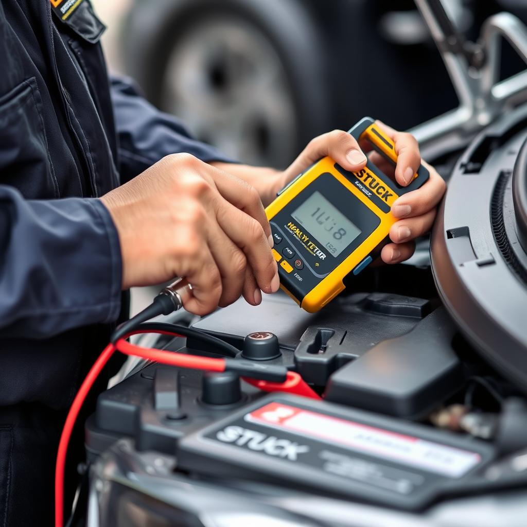 STUCK technician checking battery health during jump start service in Rocklin