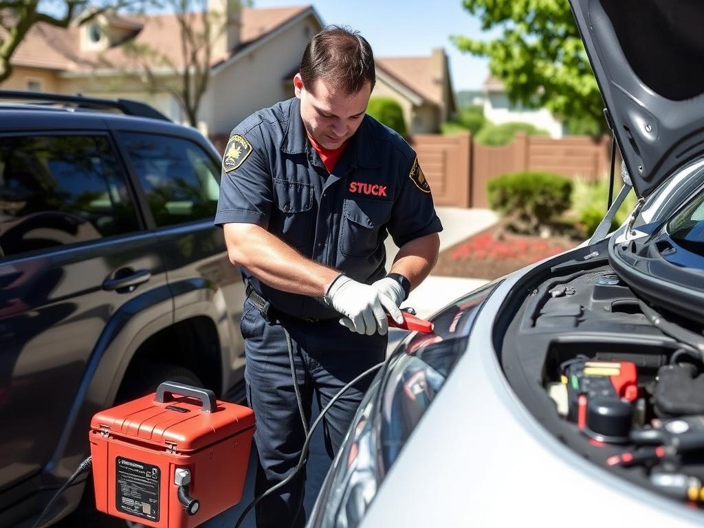 STUCK technician performing safe jump start service in Rocklin California