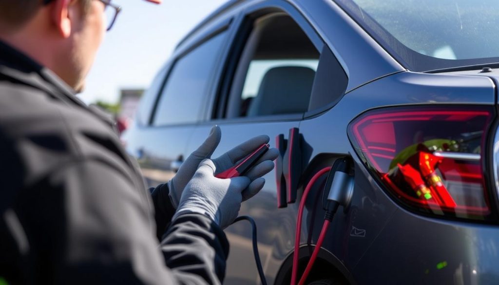 Safe jump start procedure being demonstrated in Modesto California