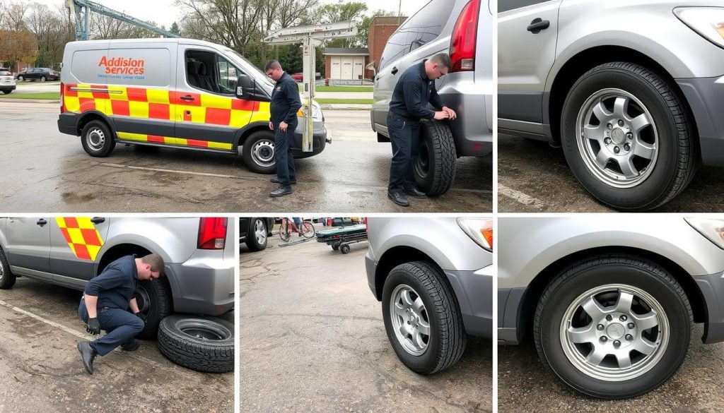Step-by-step tire change process being performed in Addison Illinois