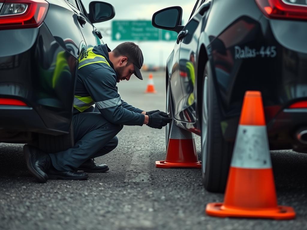 Technician changing a flat tire for discount roadside service in Dallas