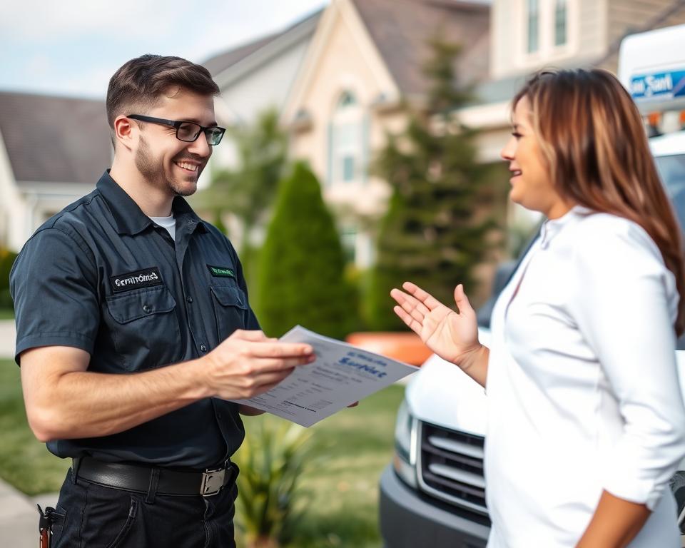 Technician explaining tire change service pricing to customer in Addison Illinois