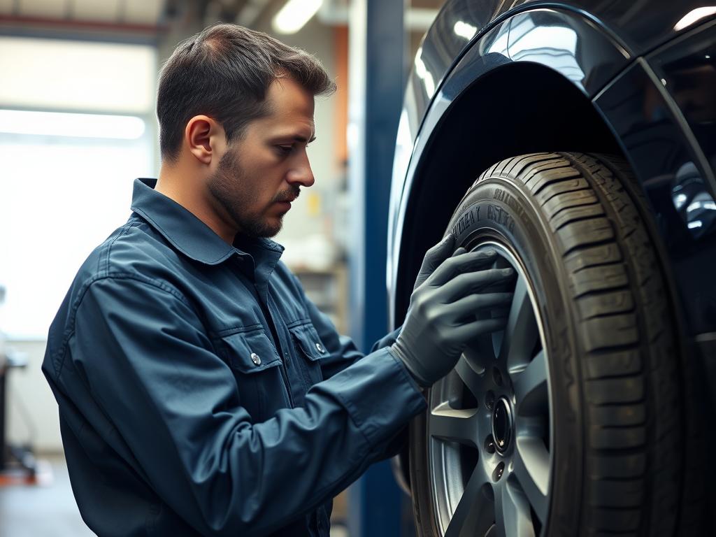 Technician inspecting tire for signs of damage before tire change service in New Orleans