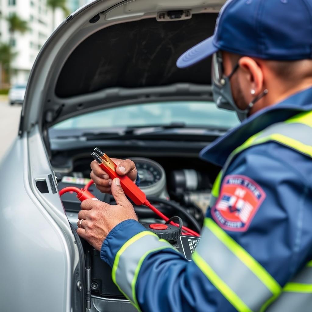 Technician performing battery jump-start in Miami