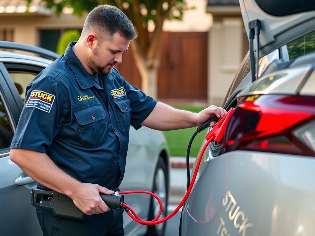 Technician performing jump start service in San Jose