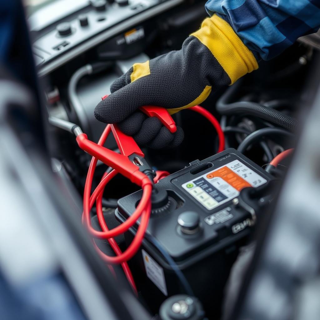 Technician performing jump start service on vehicle in La Crosse, Wisconsin