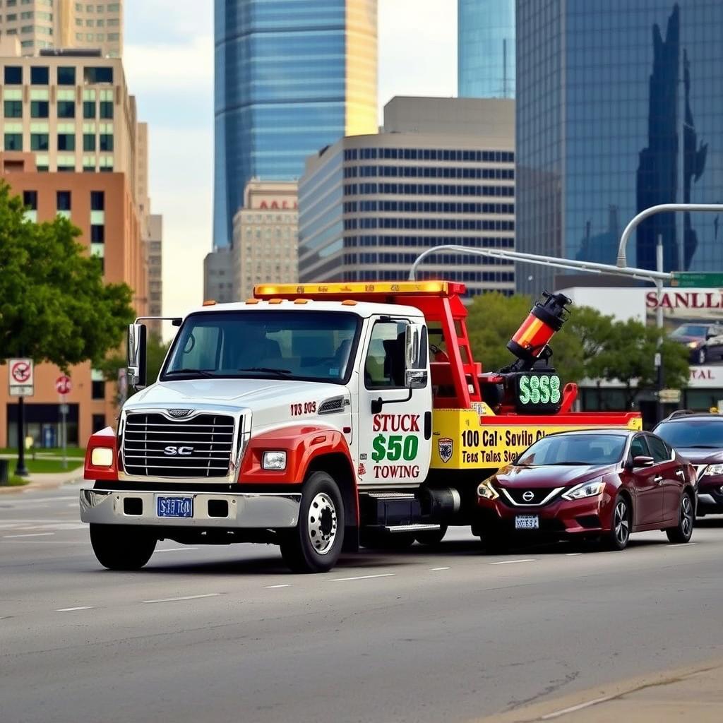 Tow truck arriving for discount towing in Dallas