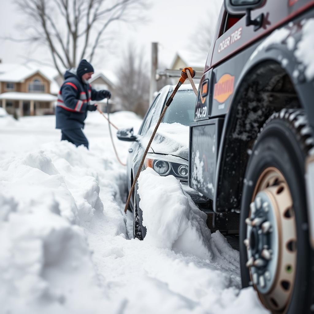 Tow truck assisting a vehicle stuck in deep Bozeman winter snow