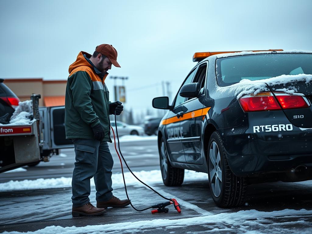 Tow truck helping with battery failure in cold Bozeman weather