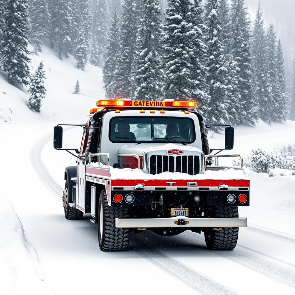Tow truck navigating snowy Bozeman mountain roads in winter