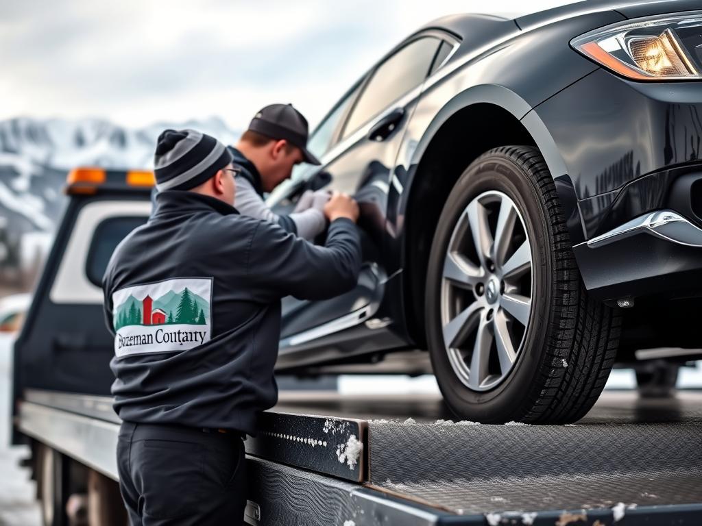 Tow truck operator loading a car for a $50 towing service in Bozeman