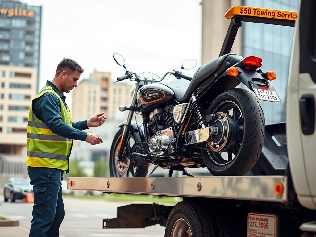 Tow truck operator securing a motorcycle for $50 towing service in Milwaukee
