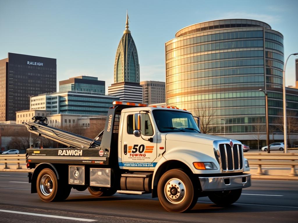Tow truck providing $50 Towing Service Raleigh NC near downtown landmarks