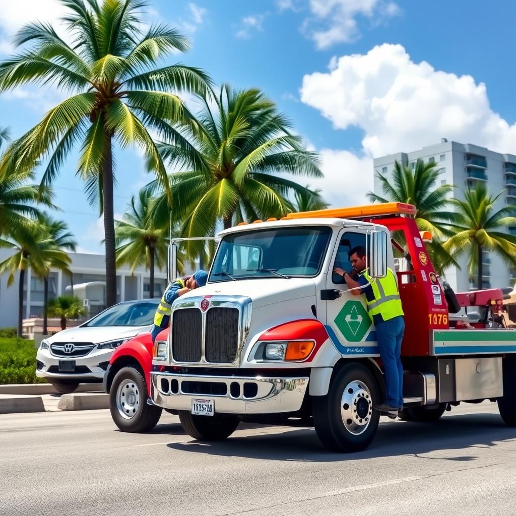 Tow truck providing roadside assistance in Miami