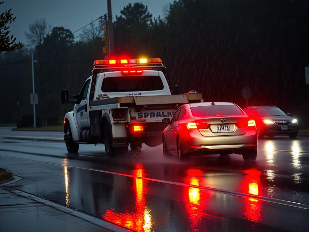 Tow truck responding to rainy weather emergency in Raleigh