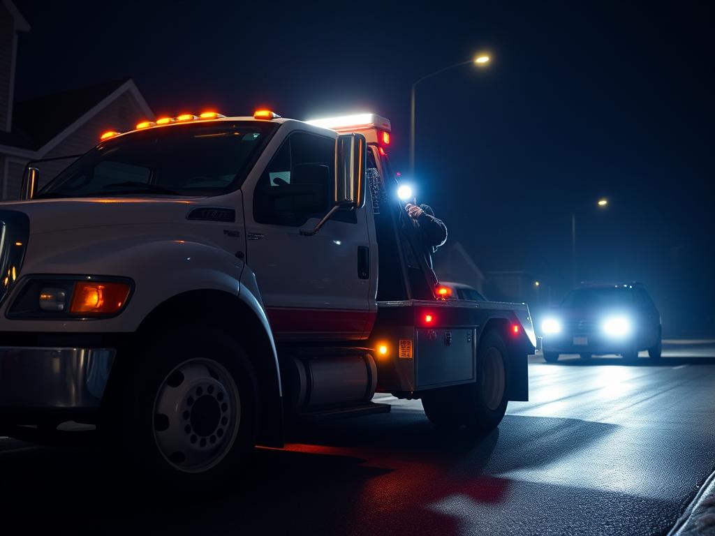 24/7 towing service truck arriving to help stranded driver in Anchorage at night