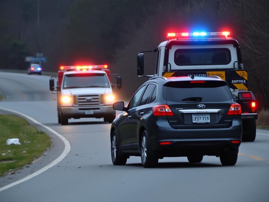 Accident scene with tow truck providing assistance in Blacksburg