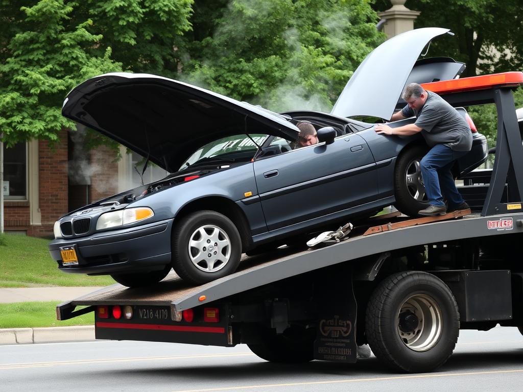 Broken down car being loaded onto tow truck in Blacksburg