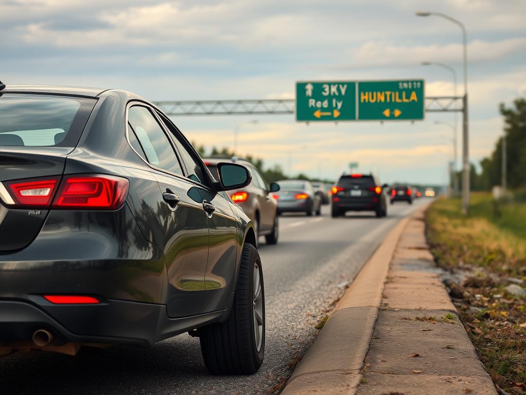 Car with flat tire on the side of a busy Huntsville road during rush hour