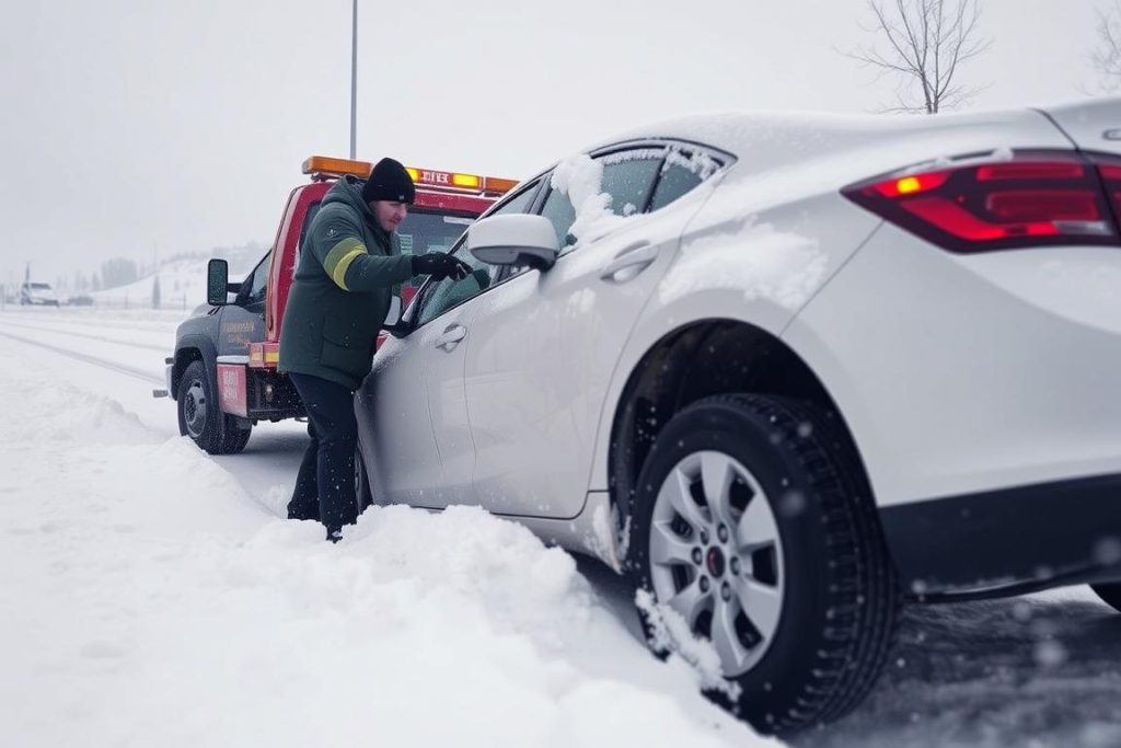 Cheap $50 towing service extracting a car from snow in Bozeman, Montana