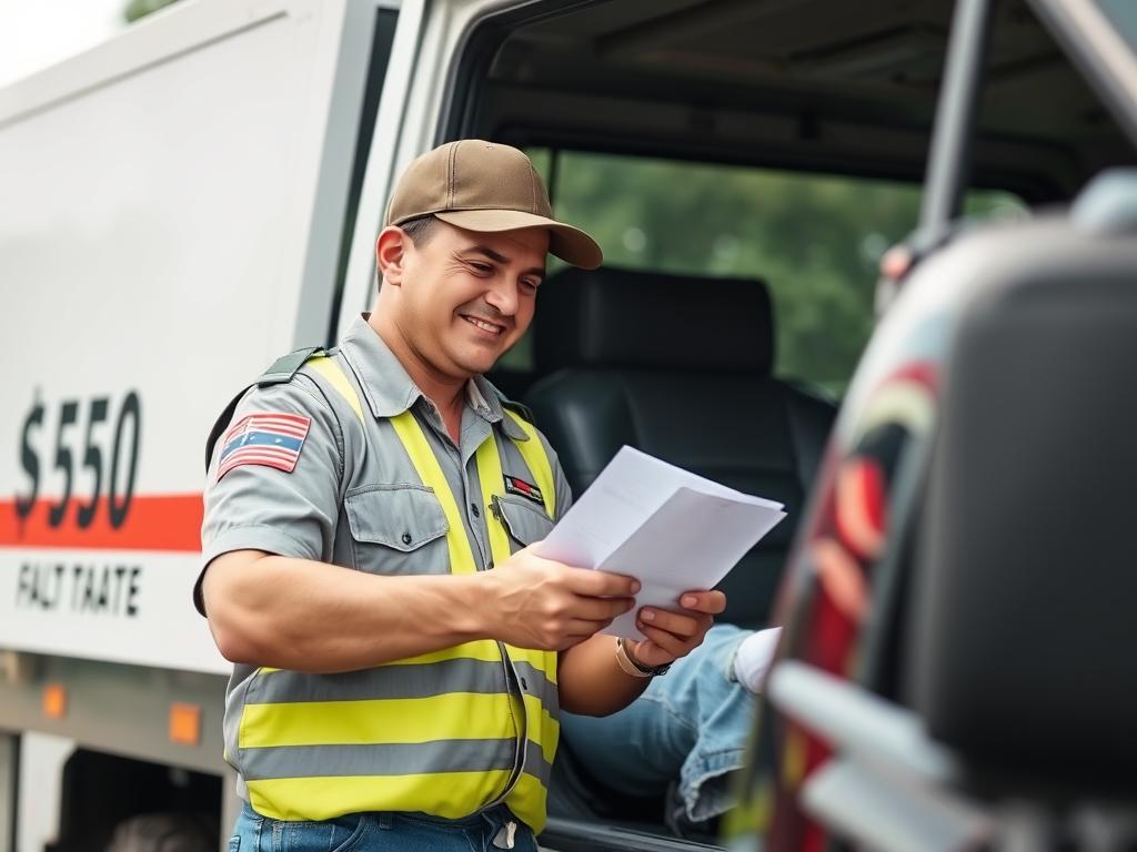 Customer receiving cheap $50 towing service in Austin from professional driver