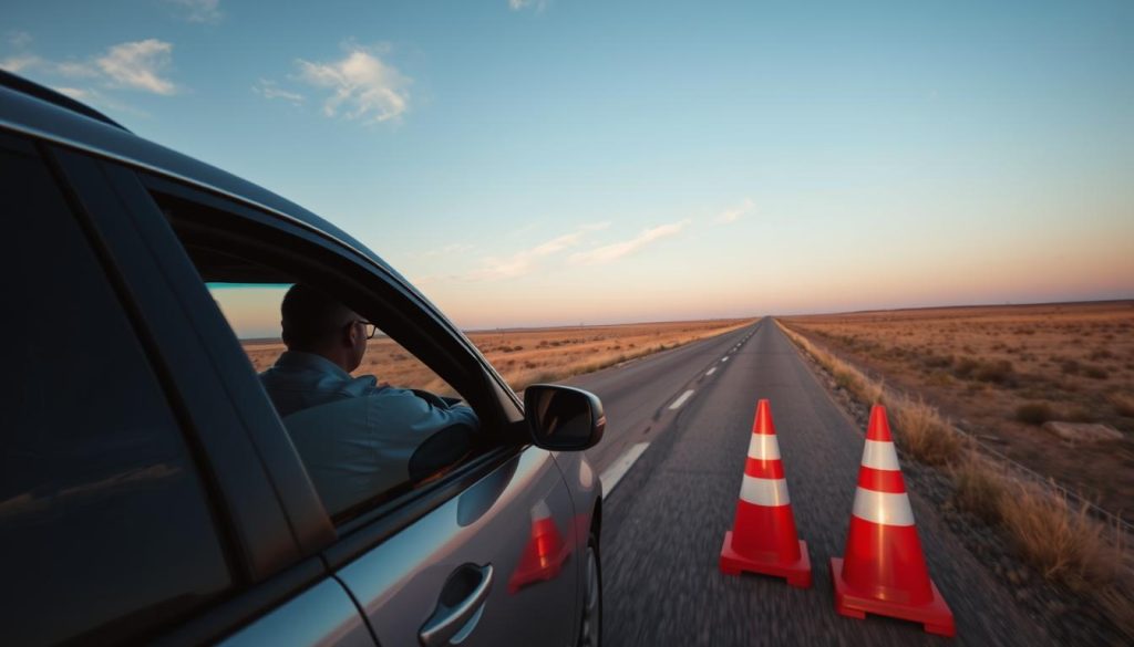 Driver safely waiting for roadside assistance on the side of a road near Abilene, Texas