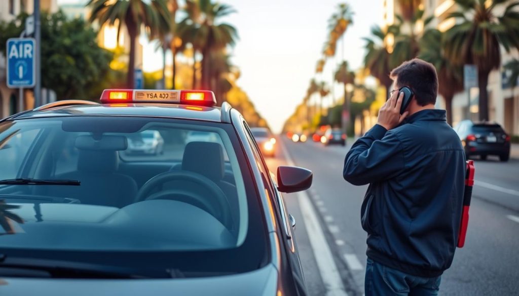 Driver waiting safely for jump start service in San Diego
