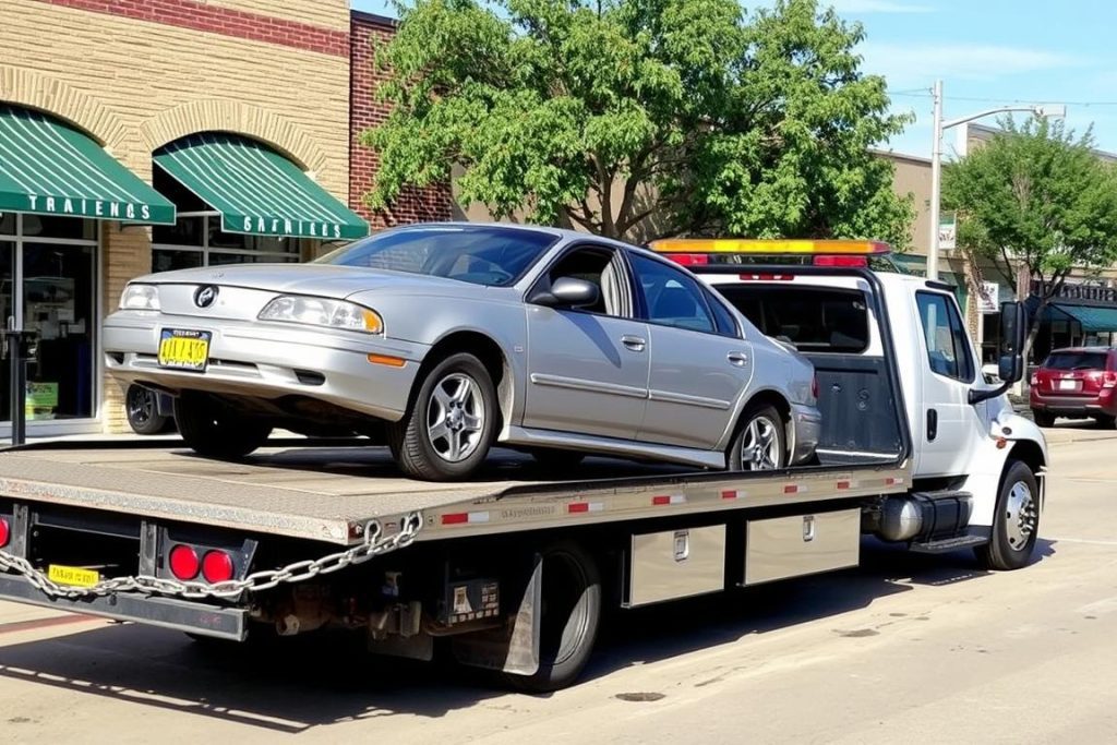 Flatbed tow truck loading a disabled vehicle in Rockwall