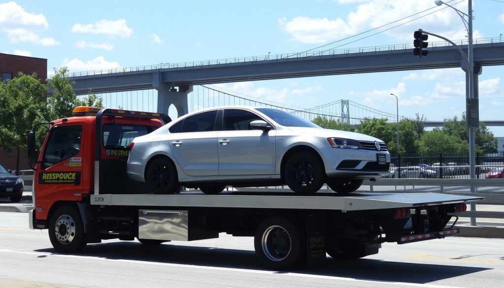 Flatbed tow truck loading a vehicle in Baton Rouge