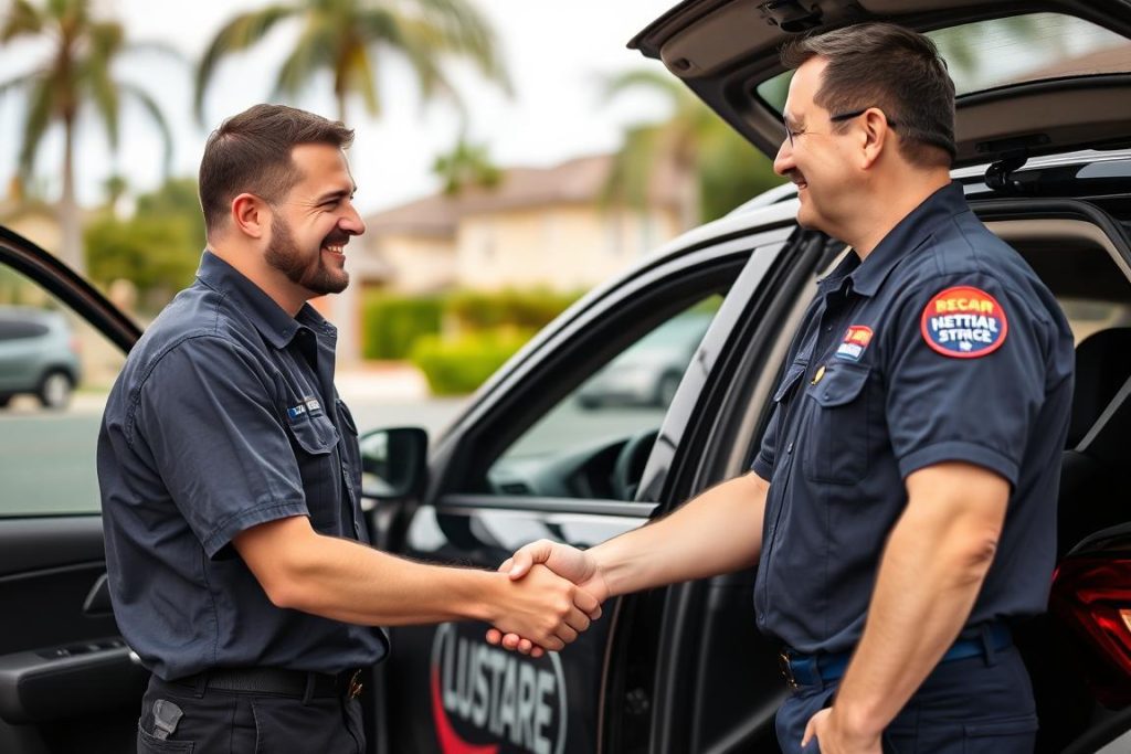 Happy customer with jump start service technician in San Diego